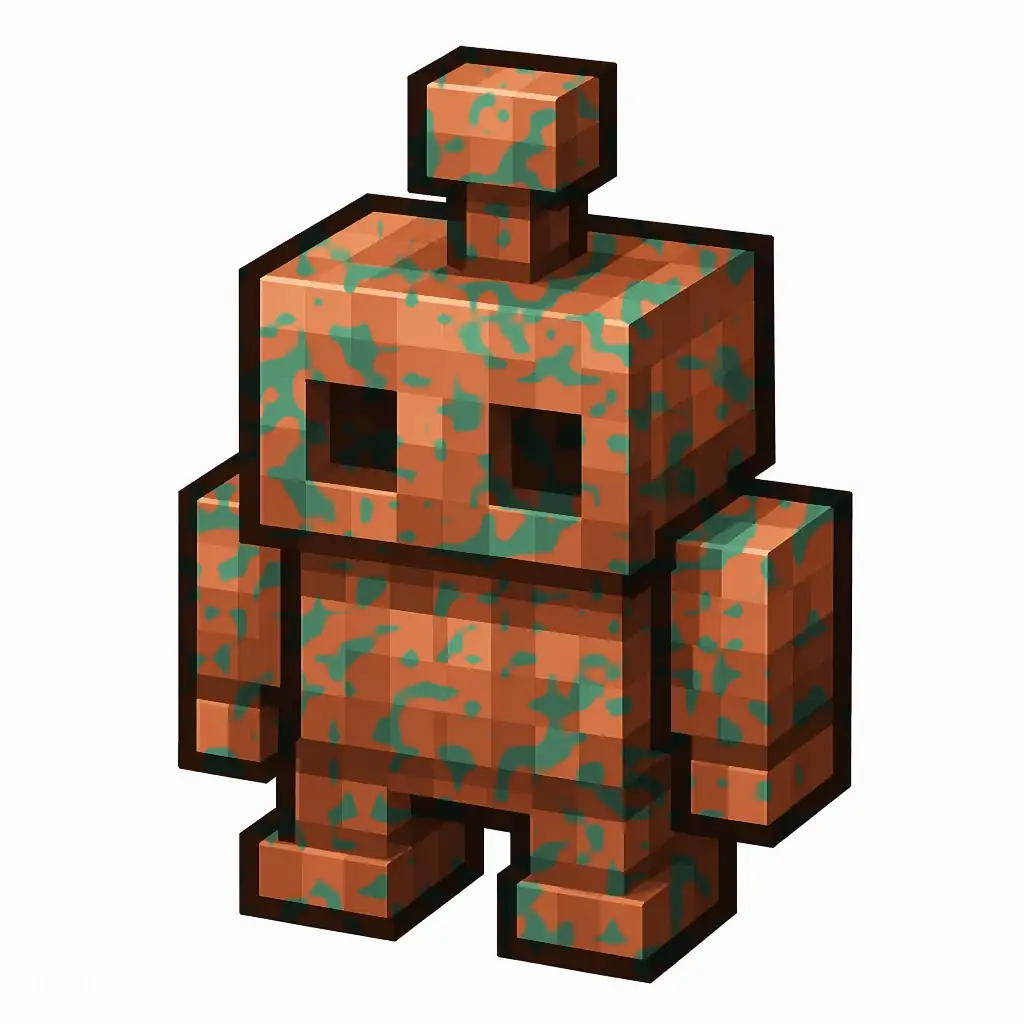 Pixel art illustration of a copper golem statue with lightly patchy green oxidation over copper metal