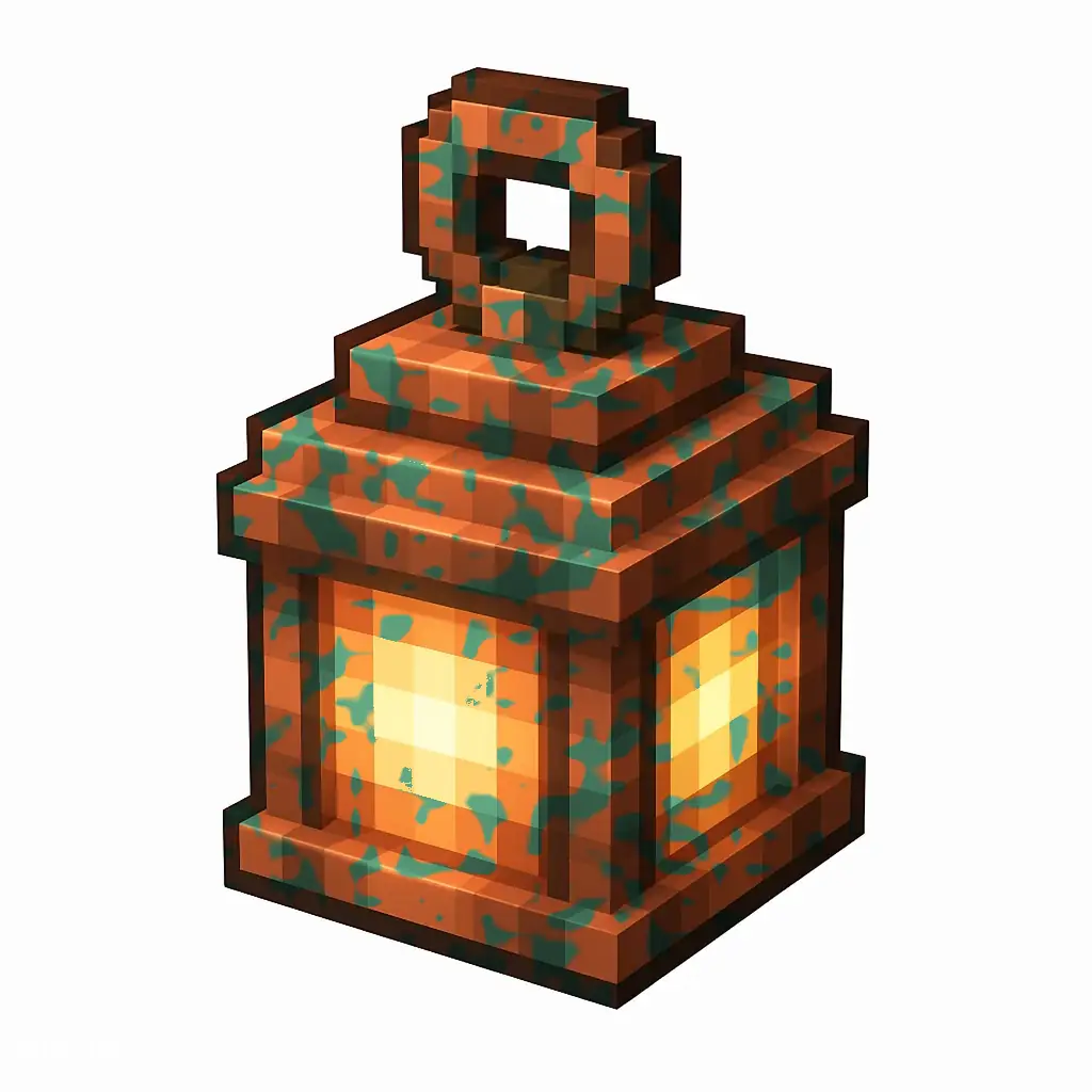 Pixel art illustration of a copper lantern with lightly patchy green oxidation over copper metal