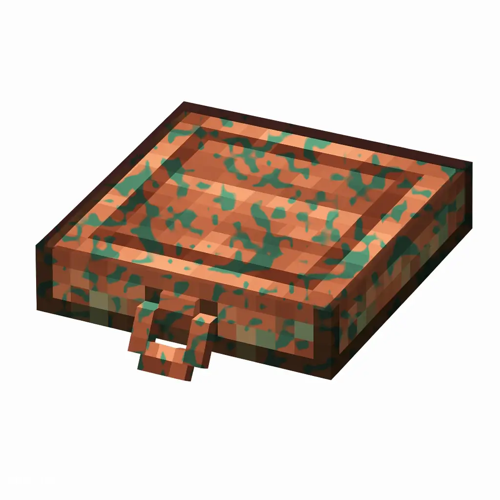 Pixel art illustration of a copper trapdoor with lightly patchy green oxidation over copper metal