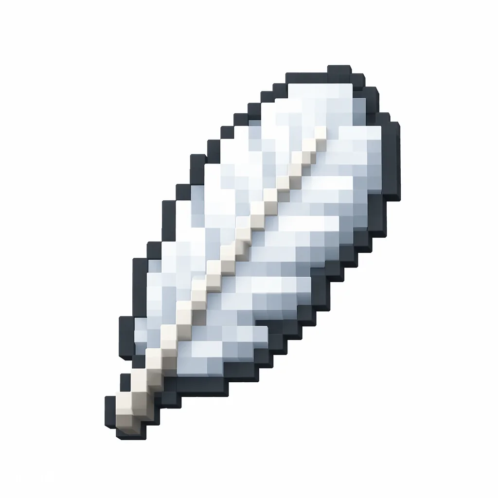 Pixel art illustration of a soft white and light gray feather