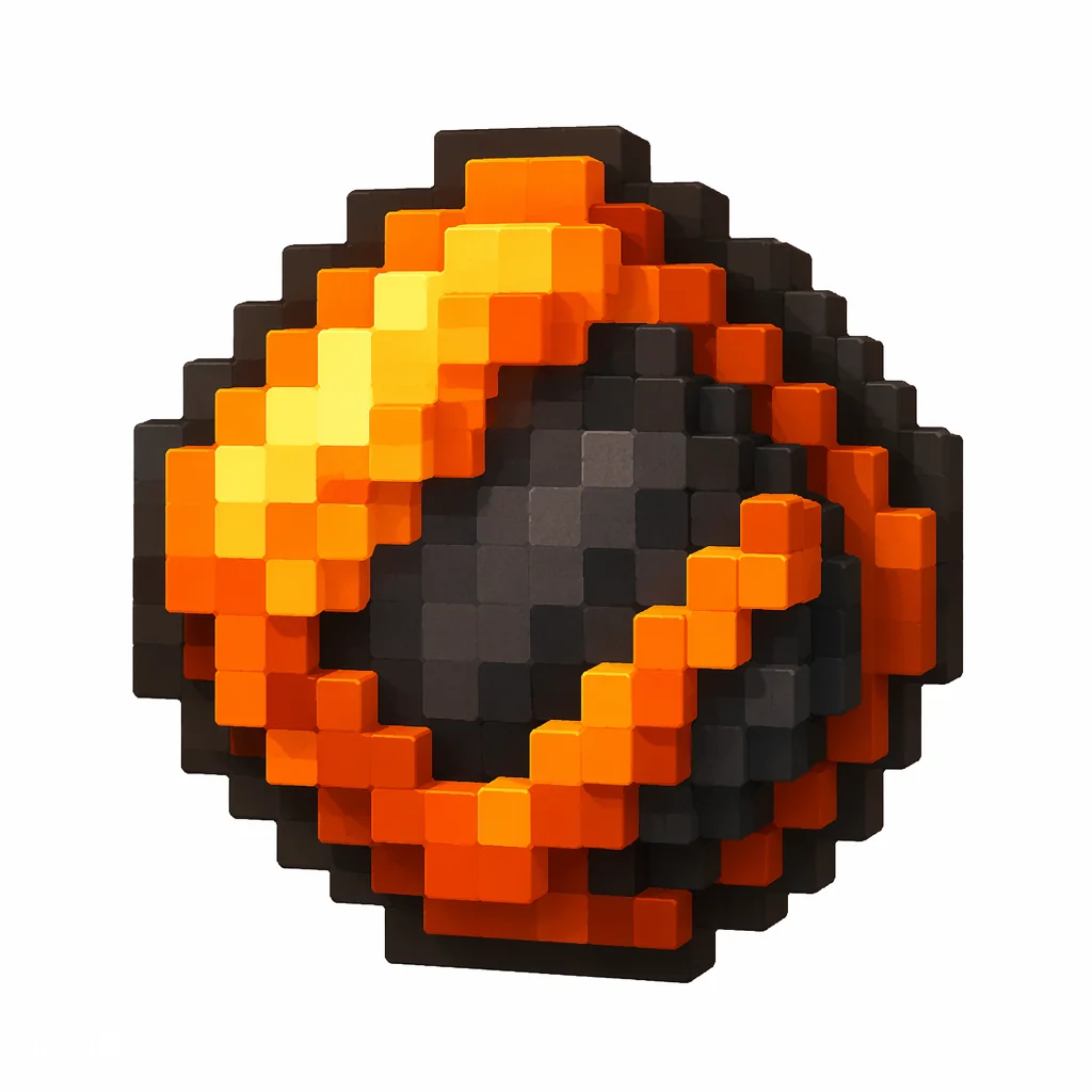 Pixel art illustration of a fire charge, a dark fireball wrapped in orange flames