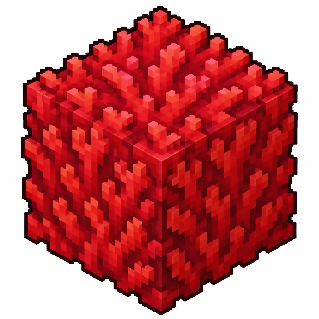 Pixel art illustration of a solid cube block of red coral with a bumpy texture