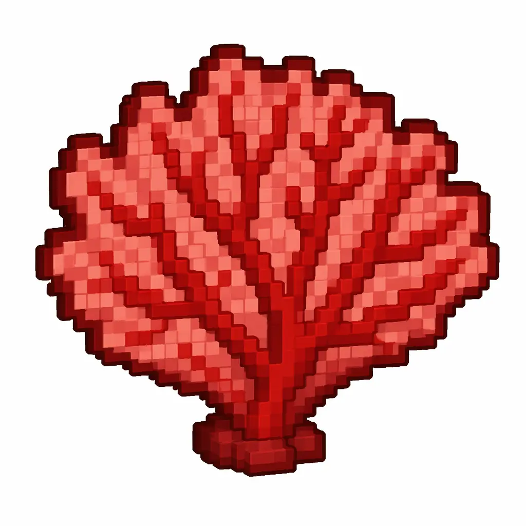 Pixel art illustration of a flat red coral fan, a fan-shaped living coral frond