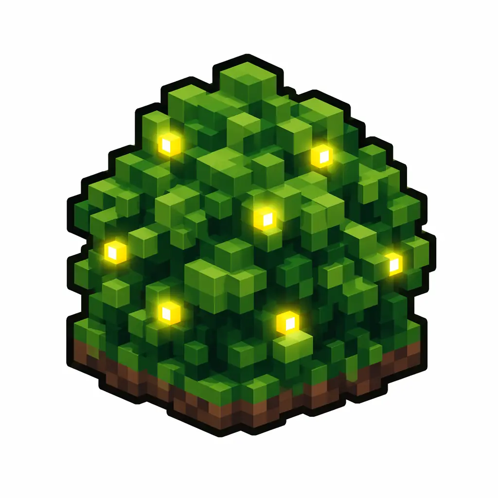 Pixel art illustration of a firefly bush in chunky voxel game style