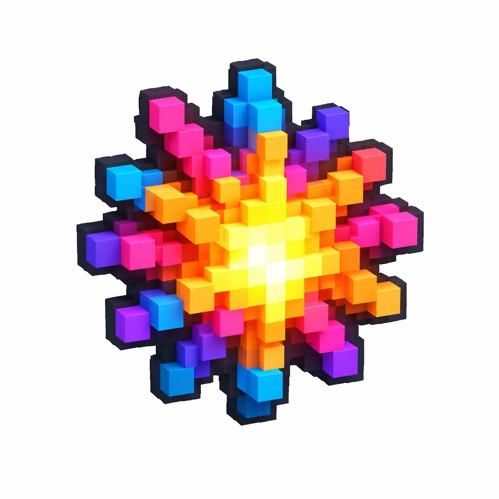 Pixel art illustration of a spiky round firework star of colorful glowing specks