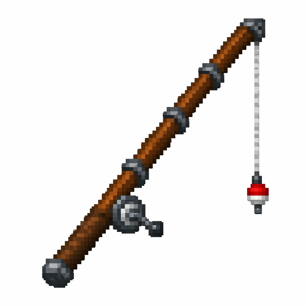 Pixel art illustration of a wooden fishing rod with a line and a red-and-white bobber