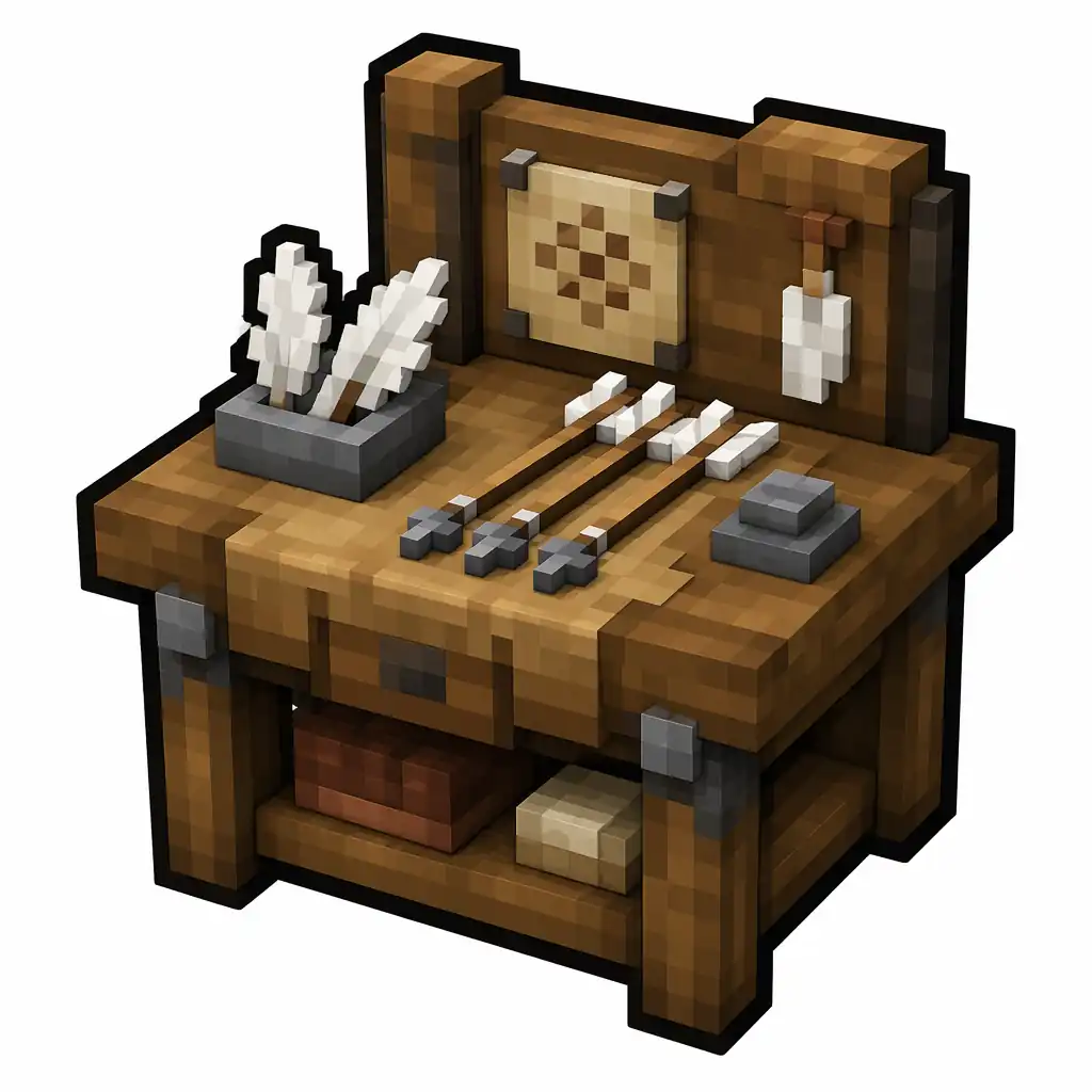 Pixel art illustration of a fletching table in chunky voxel game style