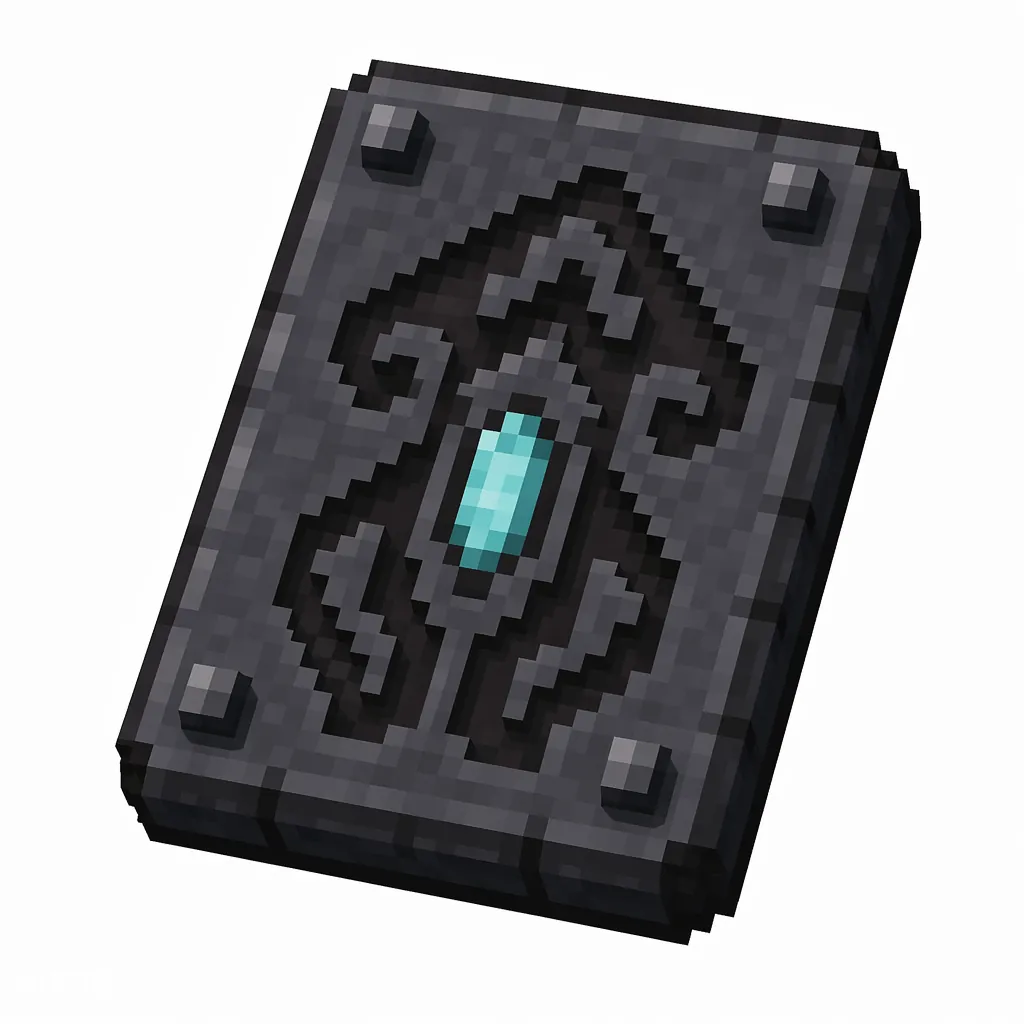 Pixel art illustration of a dark stone smithing template tablet carved with flowing ribbon swirls
