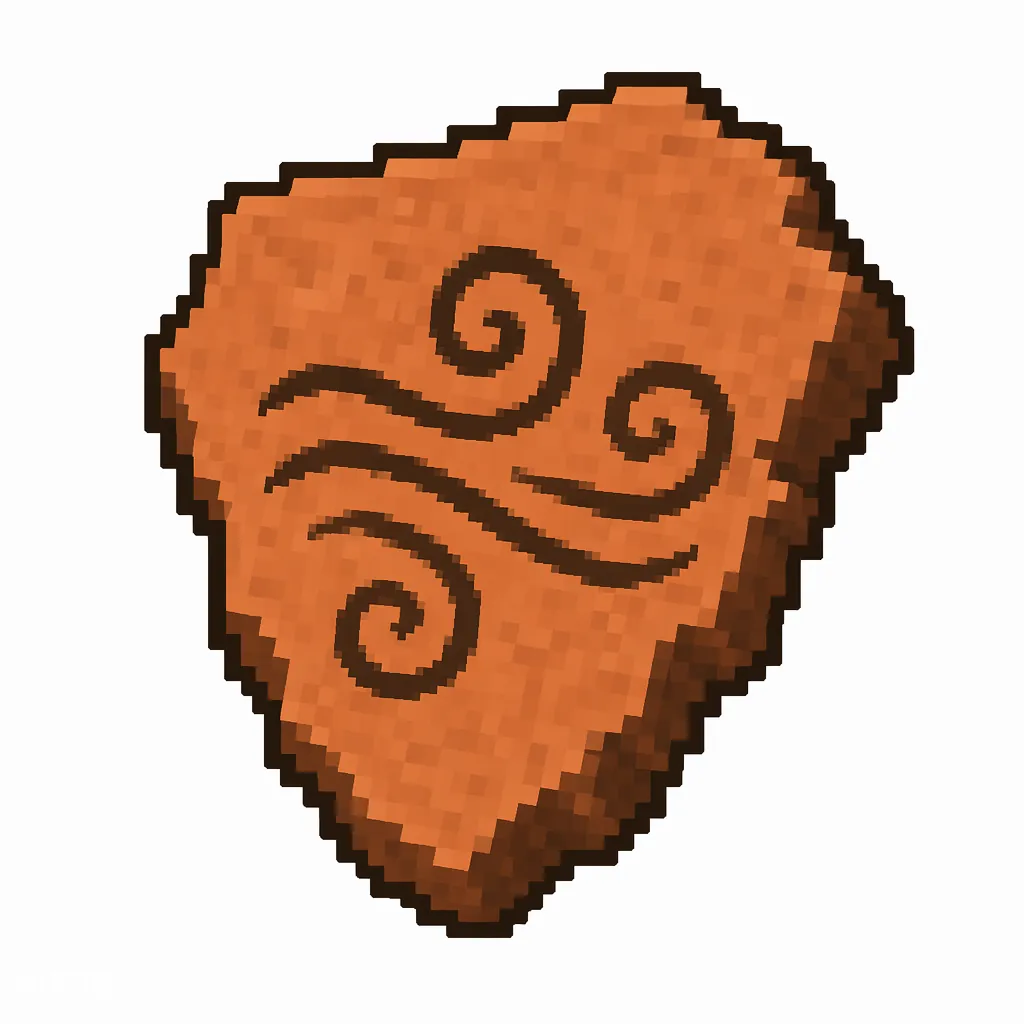 Pixel art illustration of a terracotta pottery sherd engraved with a wind swirl pictograph