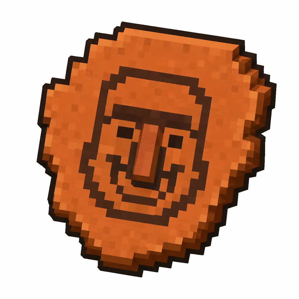 Pixel art illustration of a terracotta pottery sherd engraved with a smiling villager face pictograph