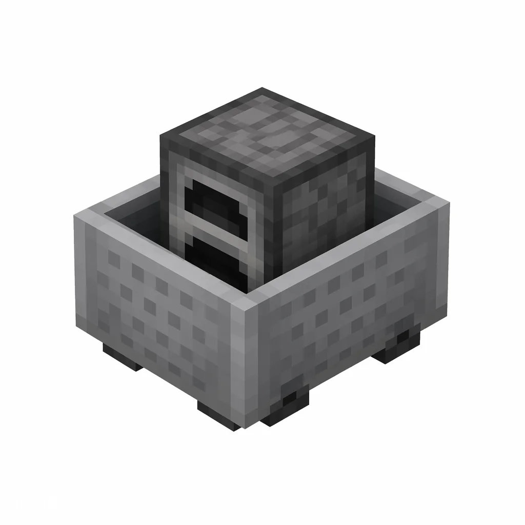 Pixel art illustration of a minecart carrying a gray stone furnace