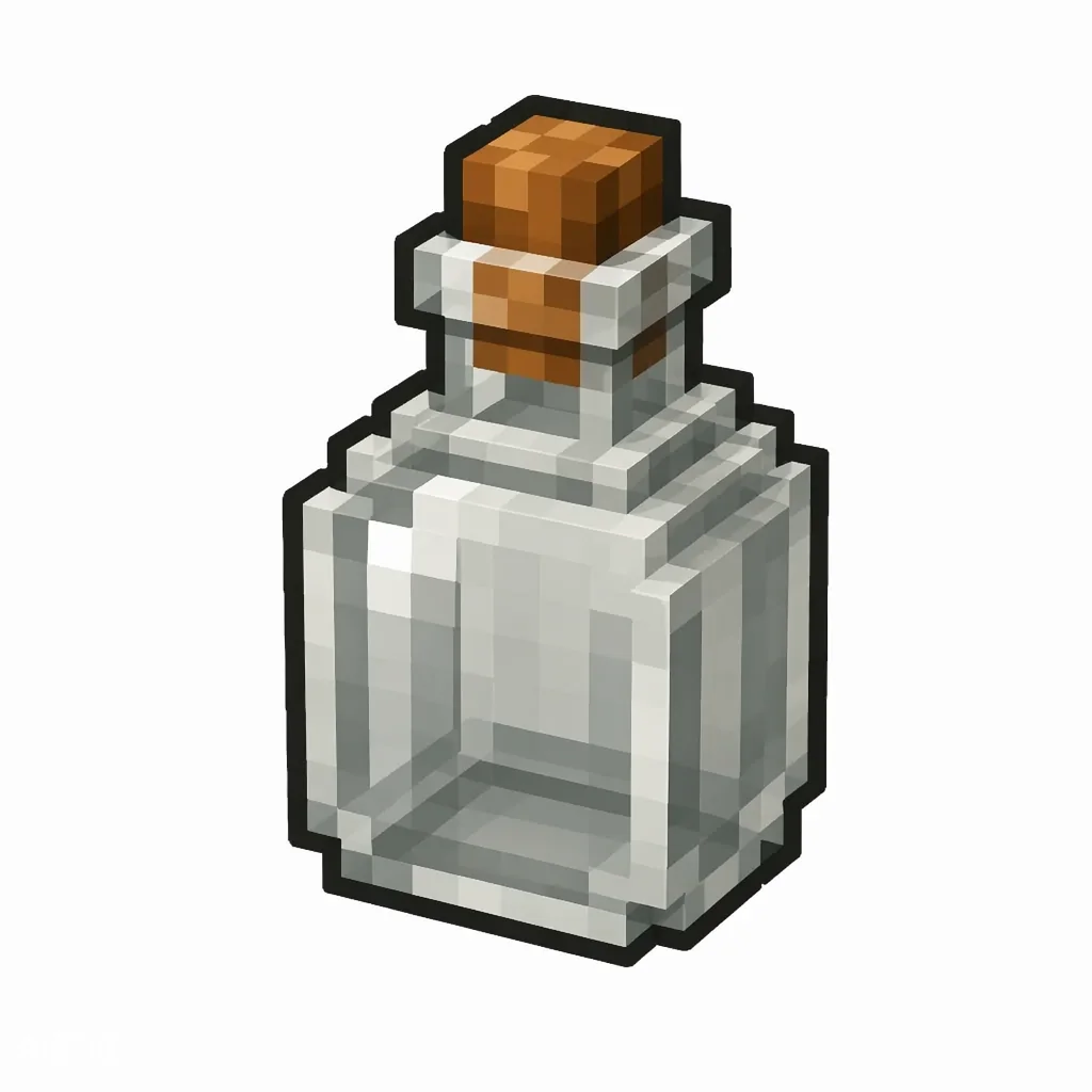 Pixel art illustration of an empty glass bottle with a cork stopper
