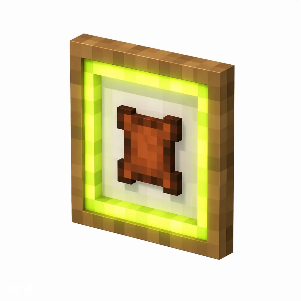 Pixel art illustration of a wooden item frame with a glowing yellow-green border