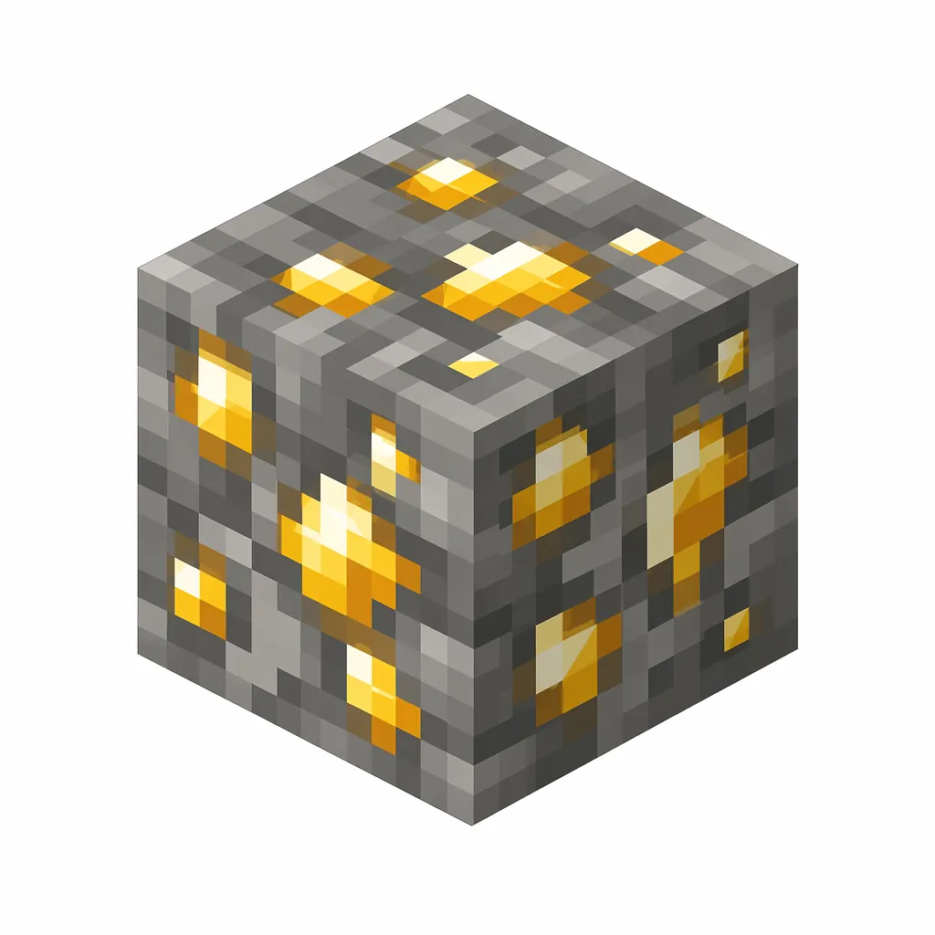 Pixel art illustration of a gold ore block with yellow gold veins in gray stone