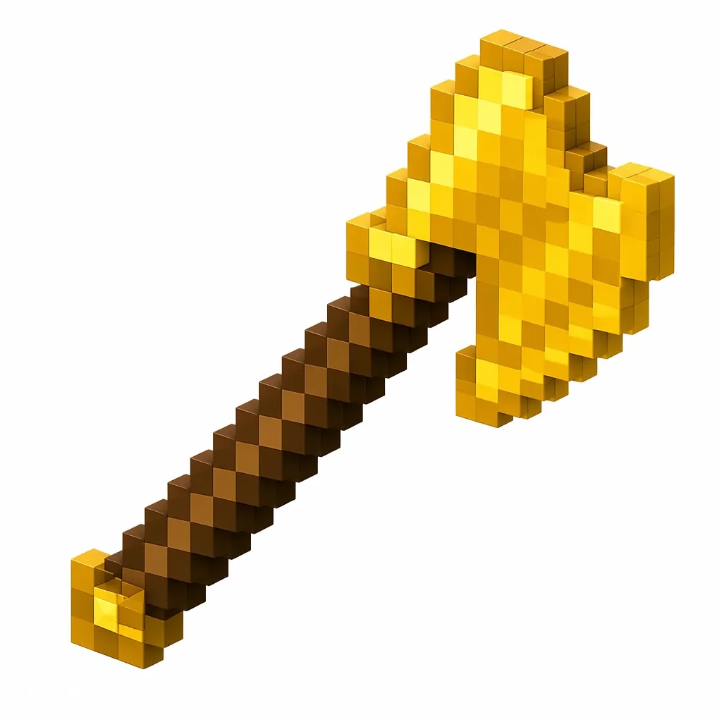 Pixel art illustration of a golden axe with a wooden stick handle