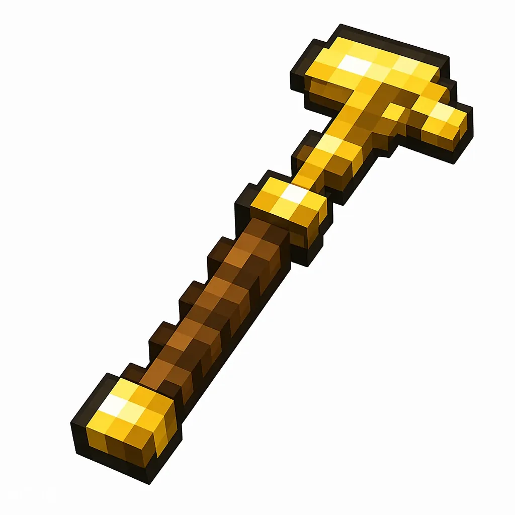 Pixel art illustration of a golden hoe with a shiny yellow gold head on a stick handle