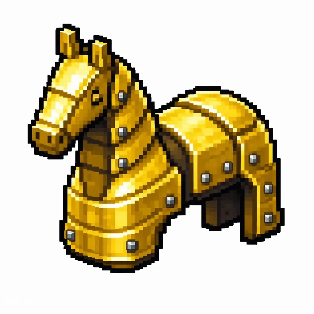 Pixel art illustration of shiny golden horse armor made to cover the back and neck of a horse