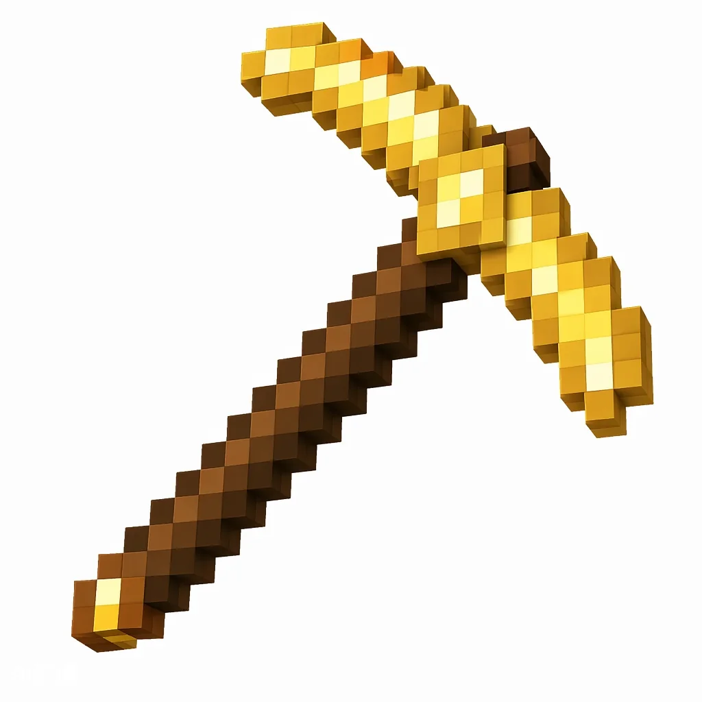 Pixel art illustration of a golden pickaxe with a wooden stick handle