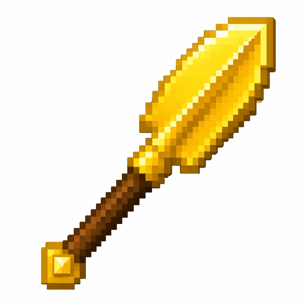Pixel art illustration of a golden shovel with a wooden stick handle