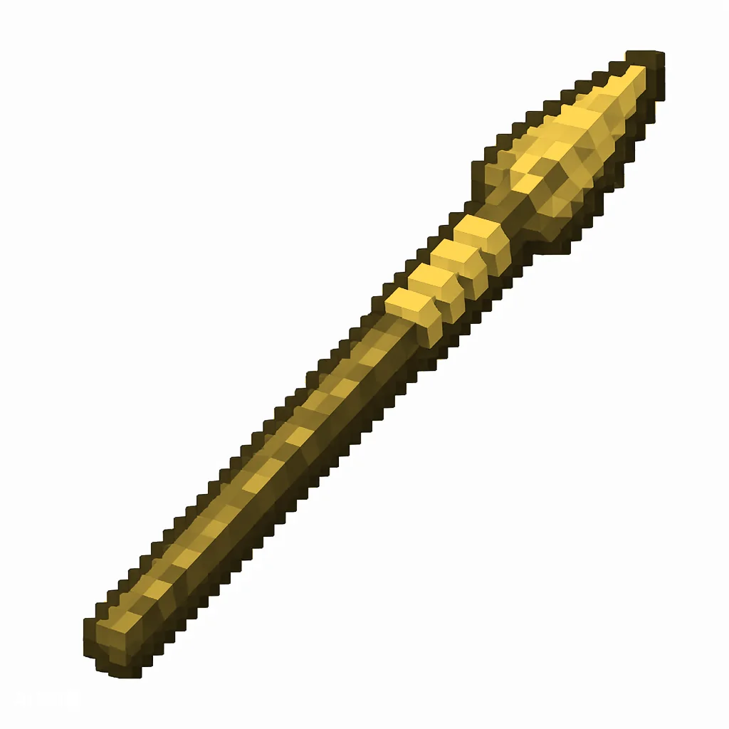 Pixel art illustration of a golden spear with a long shaft and sharp tip