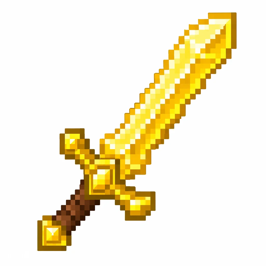 Pixel art illustration of a golden sword with a bright golden-yellow blade