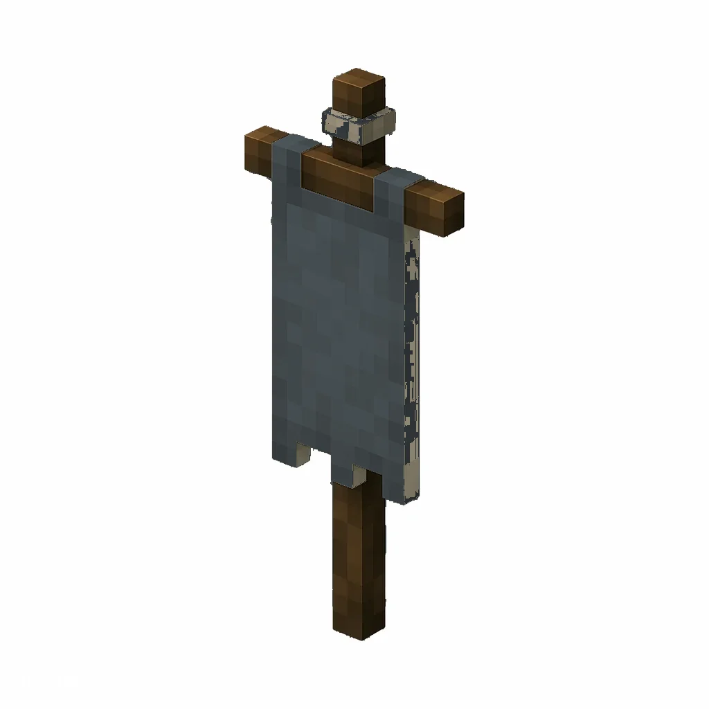 Pixel art illustration of a gray banner hanging from a wooden pole