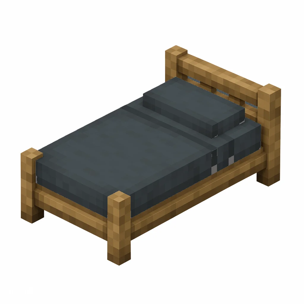 Pixel art illustration of a gray bed with a wooden frame and a gray blanket and pillow
