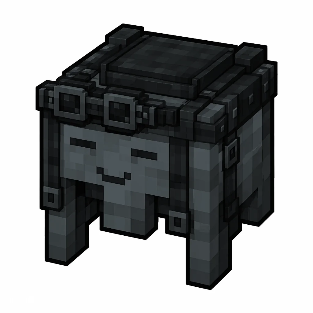 Pixel art illustration of a gray happy ghast harness with a saddle seat and straps
