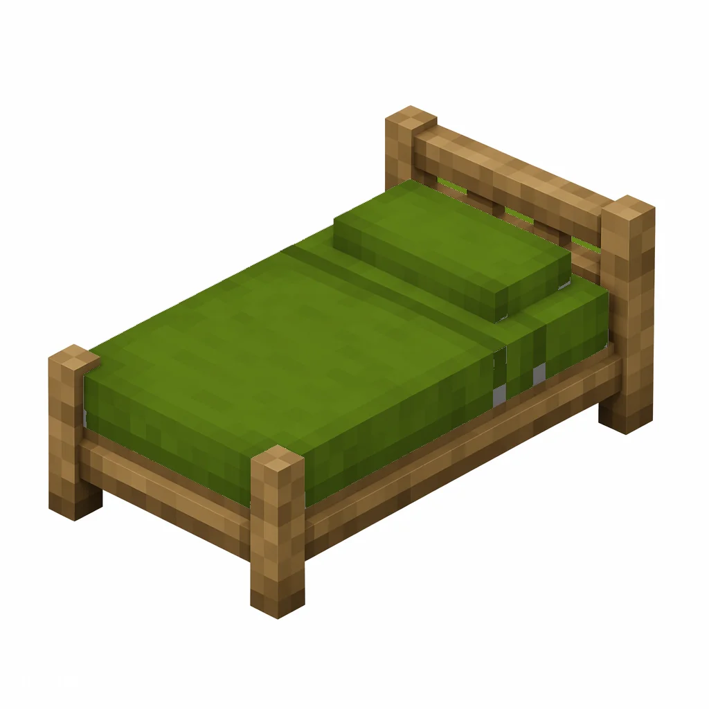 Pixel art illustration of a green bed with a wooden frame and a green blanket and pillow