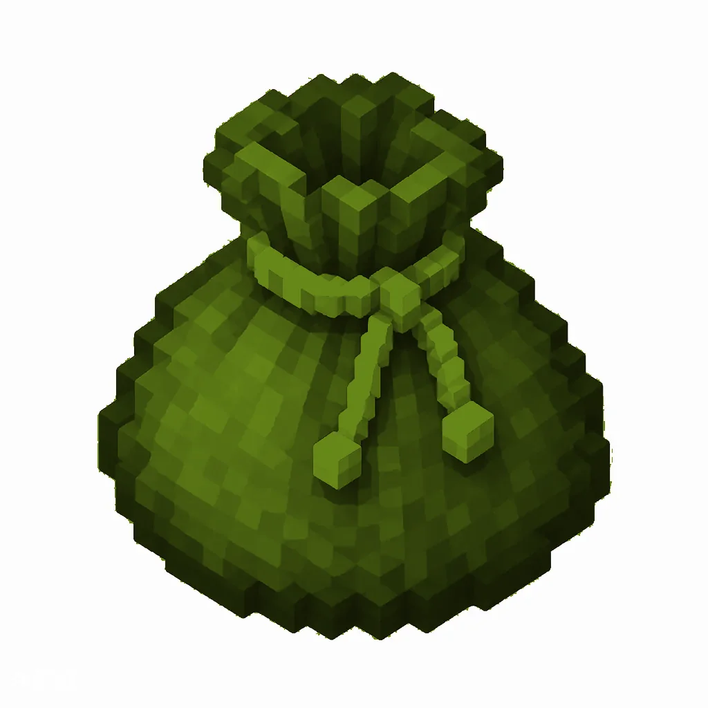 Pixel art illustration of a green dyed bundle pouch tied with string