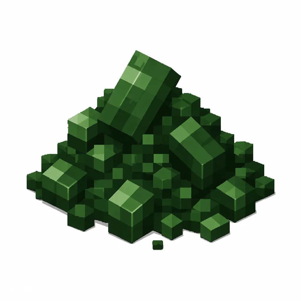Pixel art illustration of a small pile of forest green dye powder with scattered grains