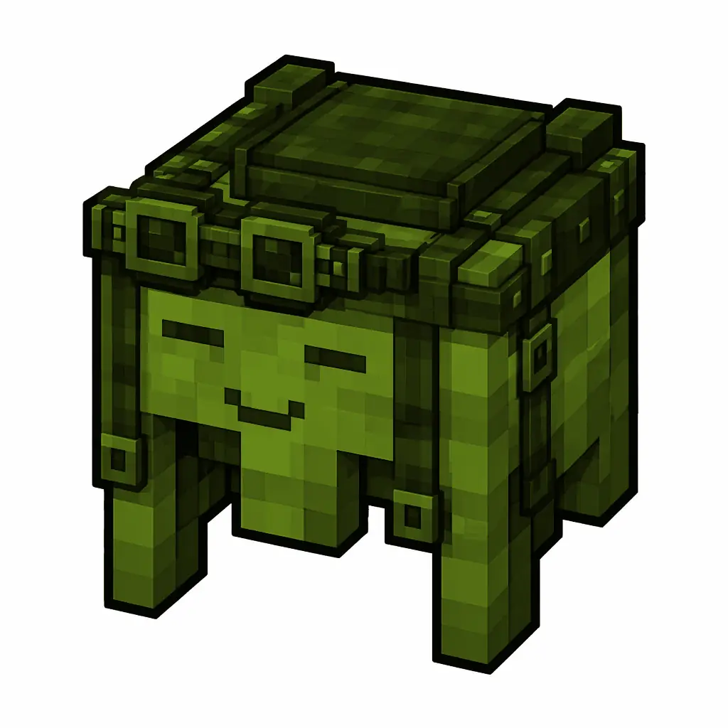 Pixel art illustration of a green happy ghast harness with a saddle seat and straps