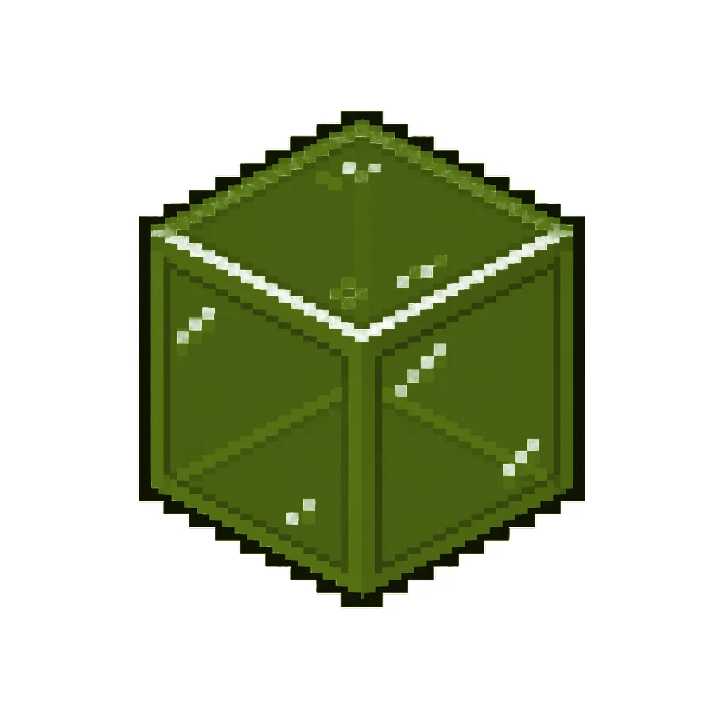 Pixel art illustration of a green stained glass block with a dark framed translucent green pane