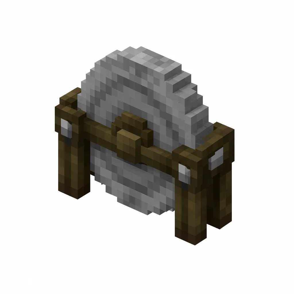 Pixel art illustration of a grindstone with a round stone wheel between wooden legs