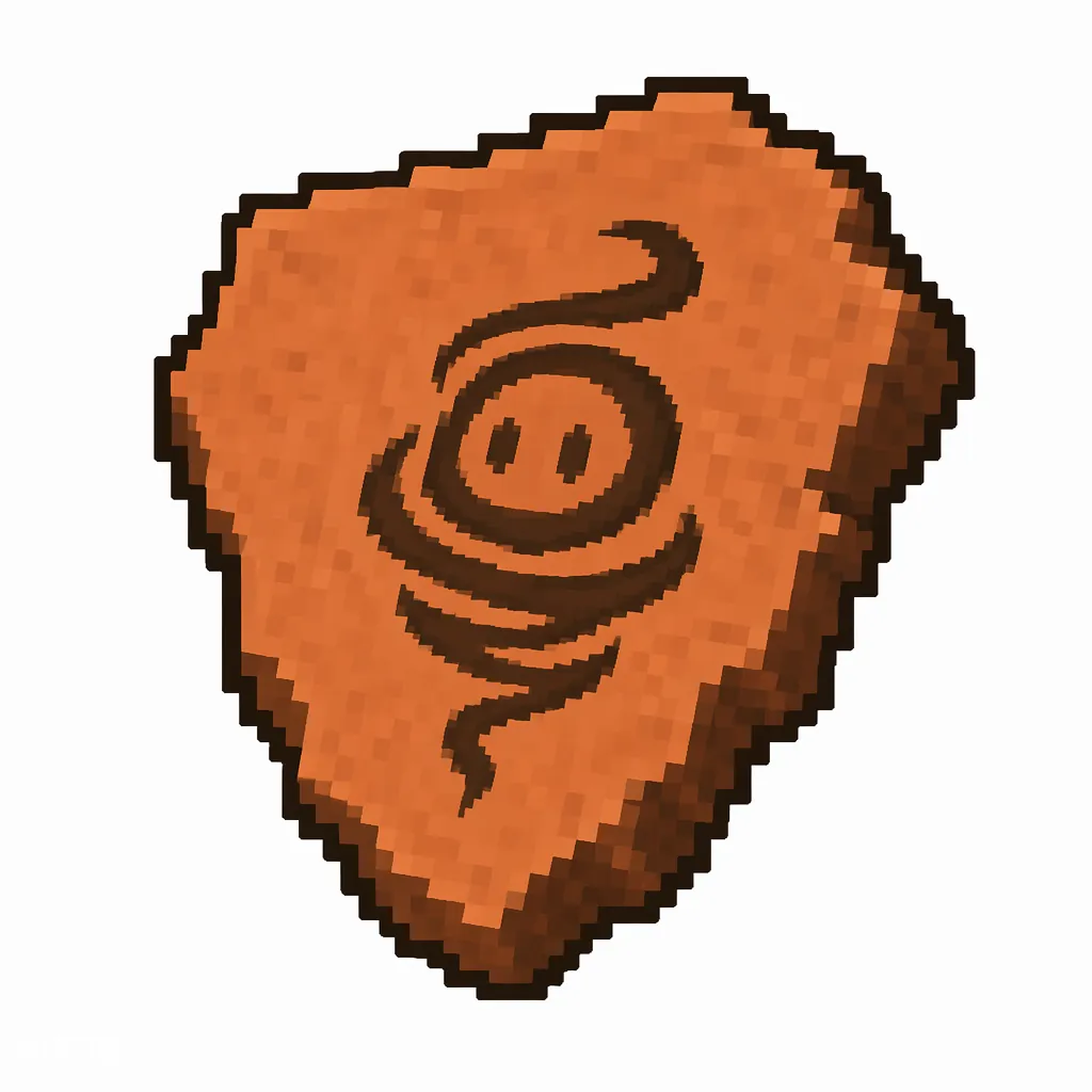 Pixel art illustration of a terracotta pottery sherd engraved with a whirlwind spirit pictograph