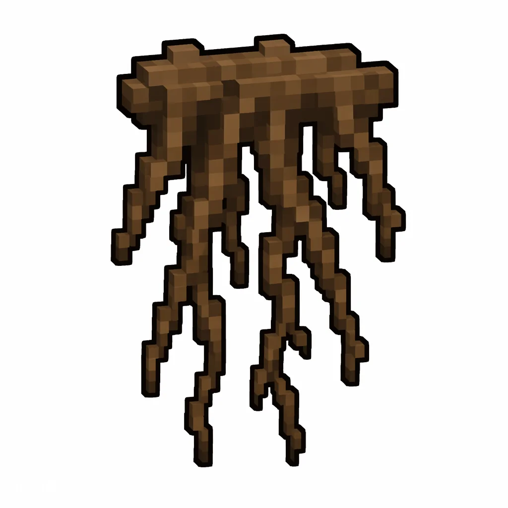 Pixel art illustration of a hanging roots in chunky voxel game style