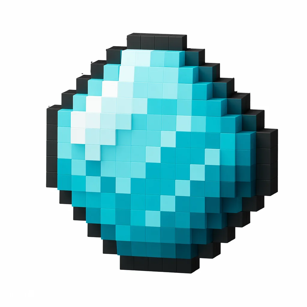 Pixel art illustration of a heart of the sea, a deep blue orb with ring patterns