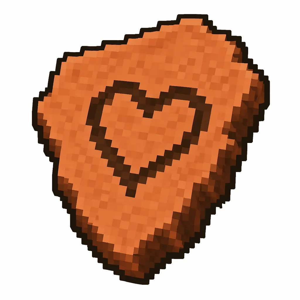 Pixel art illustration of a terracotta pottery sherd engraved with a heart pictograph