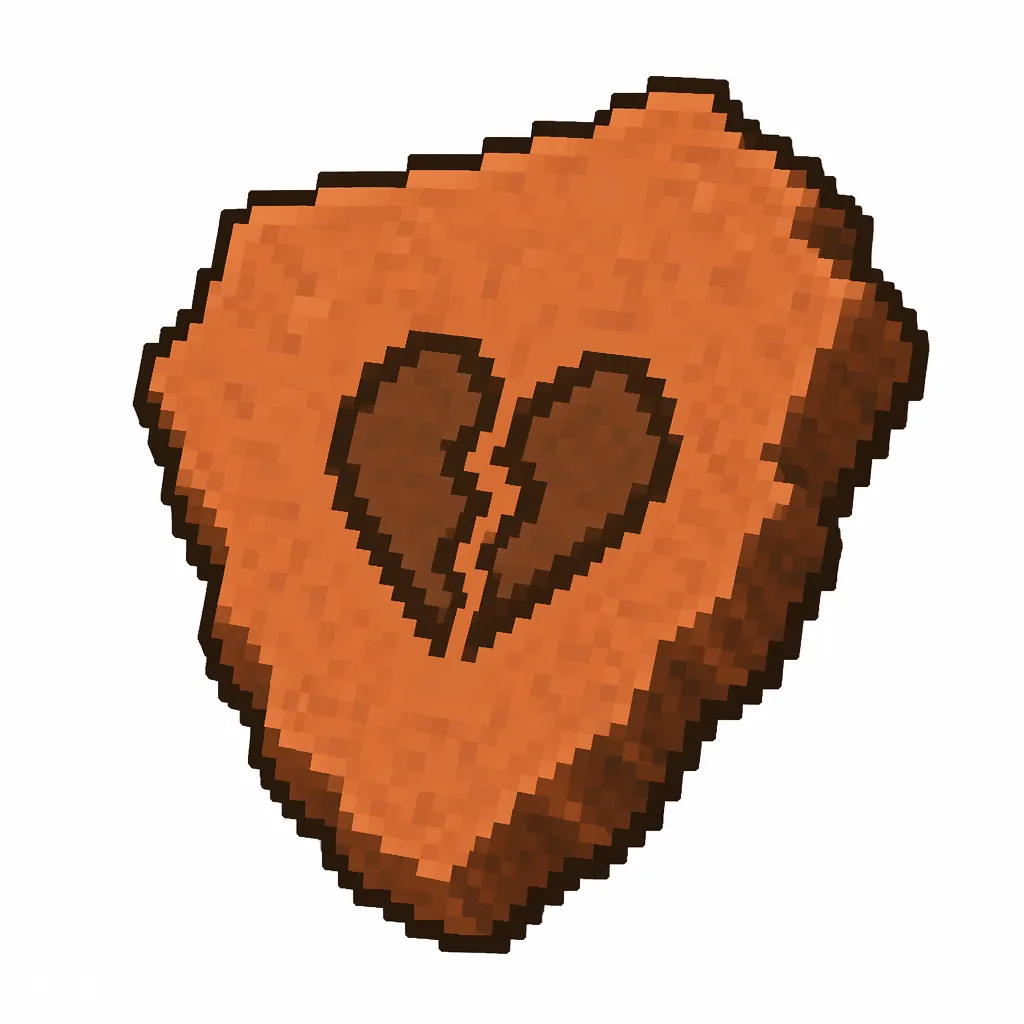 Pixel art illustration of a terracotta pottery sherd engraved with a broken heart pictograph