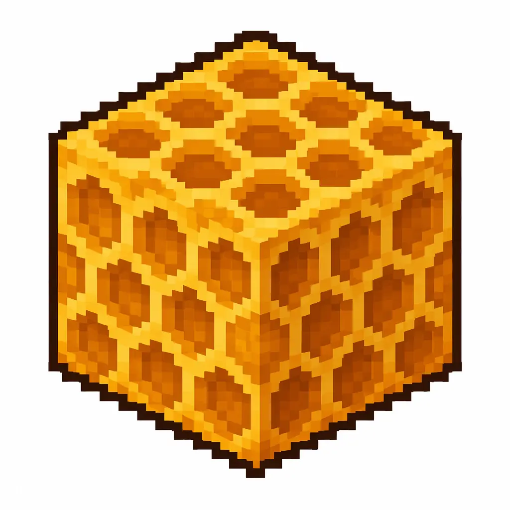 Pixel art illustration of a honeycomb block in chunky voxel game style