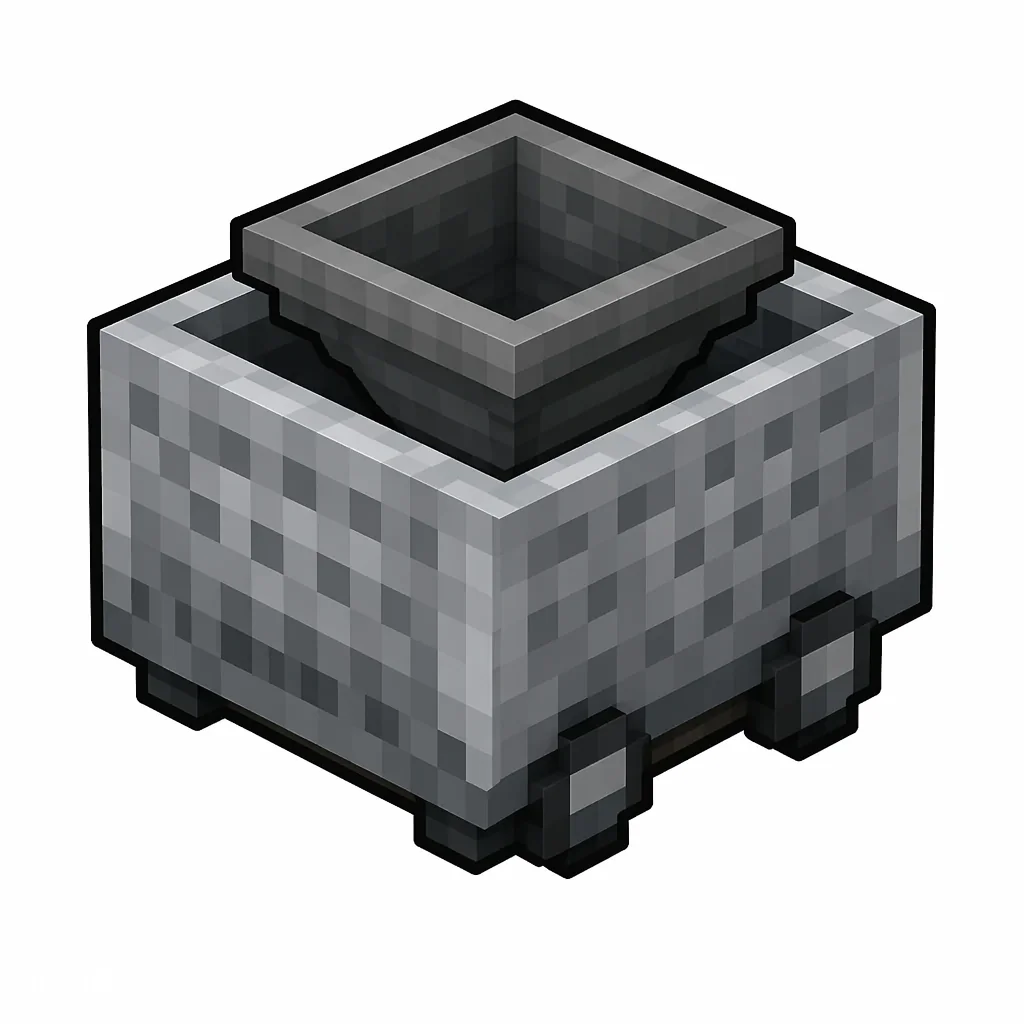 Pixel art illustration of a minecart carrying a metal hopper