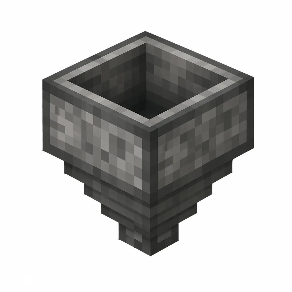 Pixel art illustration of a gray iron hopper funnel narrowing into a small downward tube