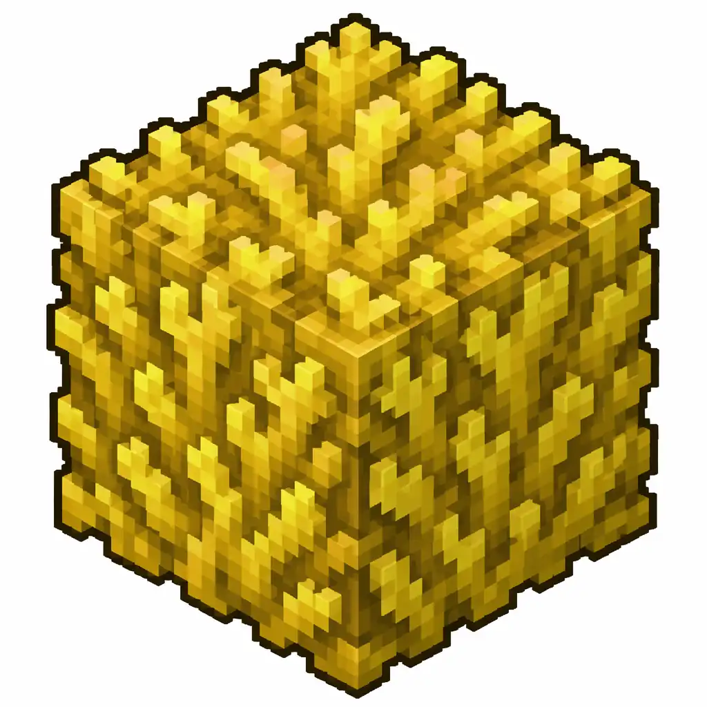 Pixel art illustration of a solid cube block of yellow coral with a bumpy texture