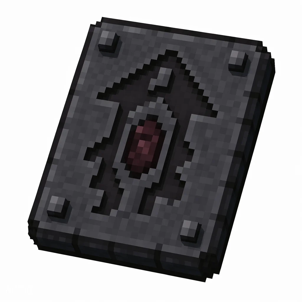 Pixel art illustration of a dark stone smithing template tablet carved with a robed figure