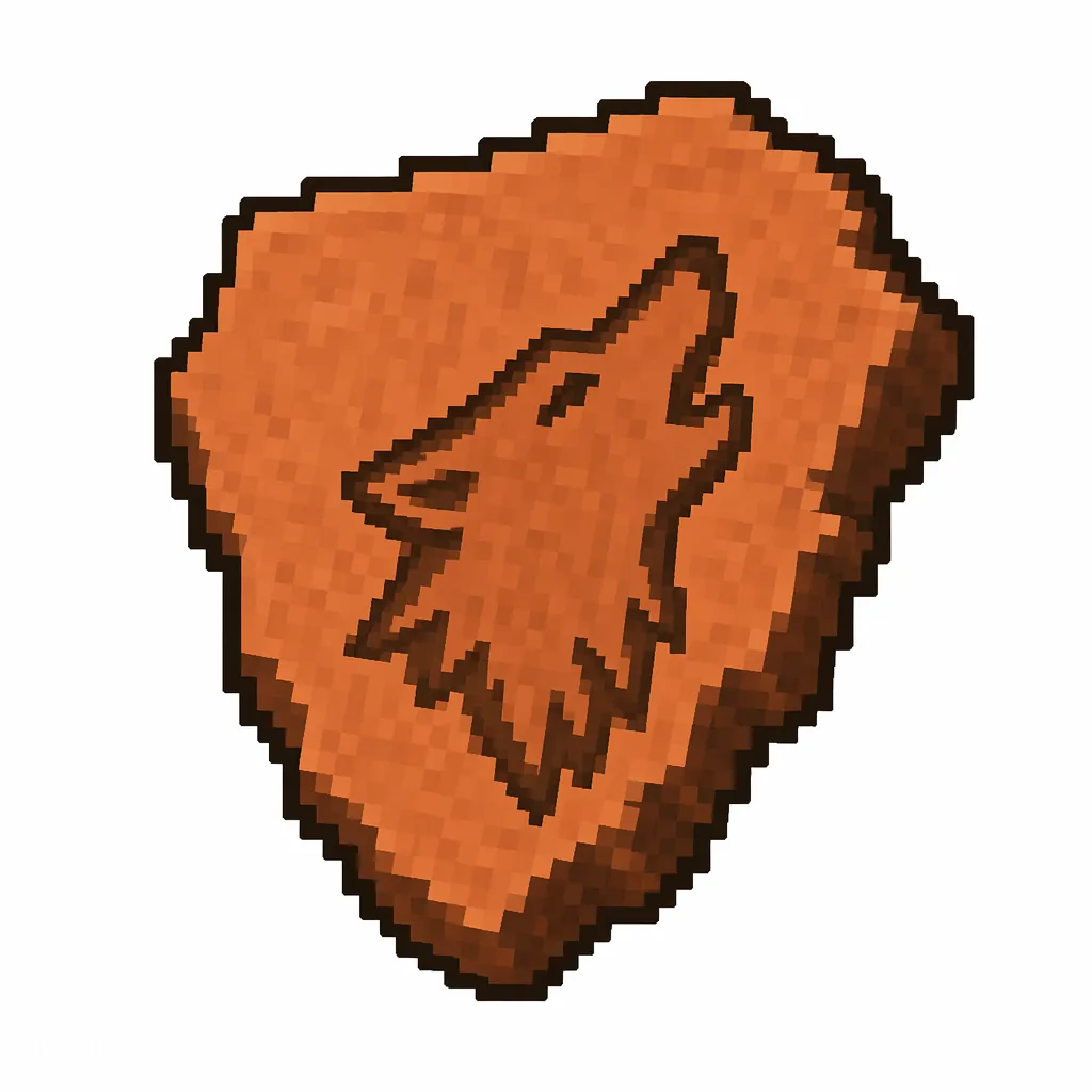 Pixel art illustration of a terracotta pottery sherd engraved with a howling wolf head pictograph