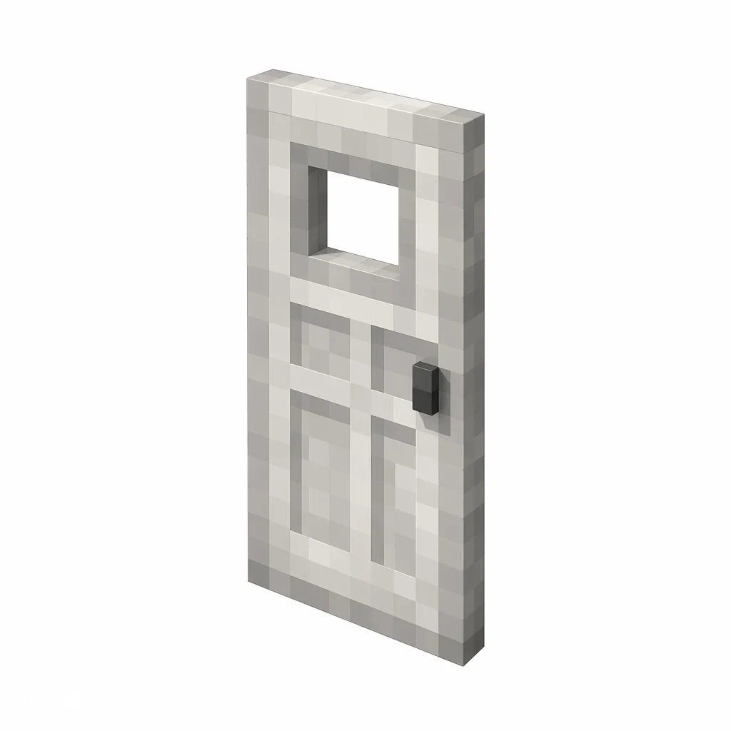 Pixel art illustration of a light gray iron door with a small window and a dark handle
