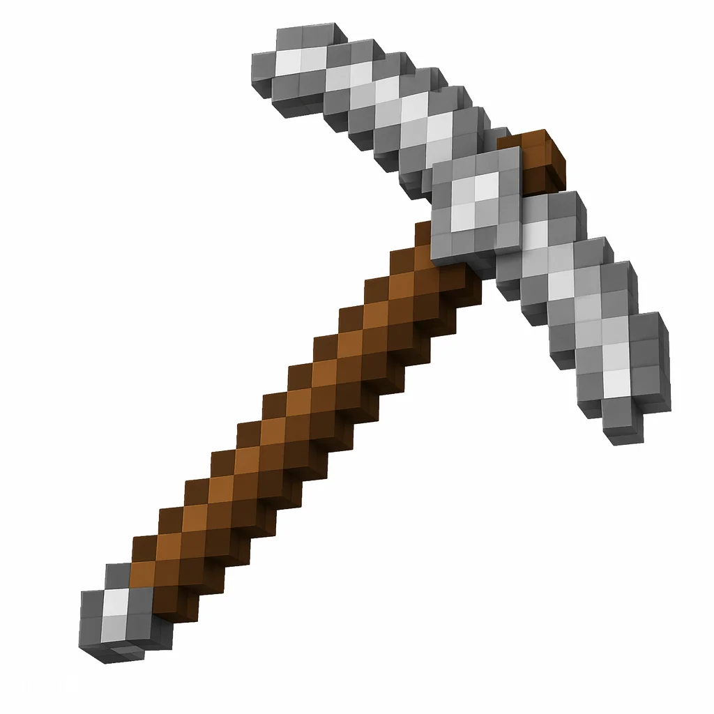 Original pixel art Iron Pickaxe icon with a silvery head and wooden handle