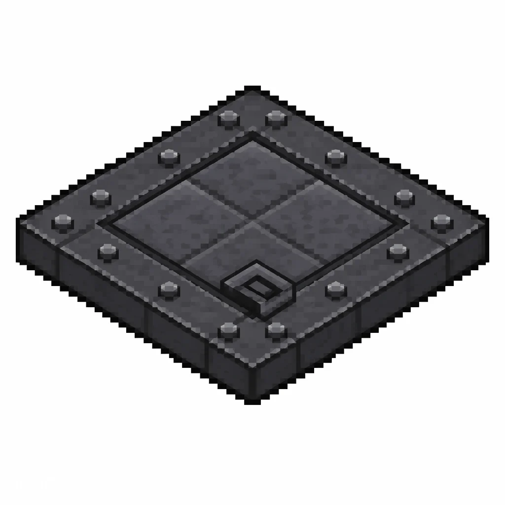 Pixel art illustration of an iron trapdoor in chunky voxel game style