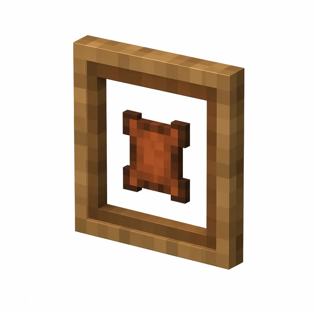 Pixel art illustration of a square wooden item frame with a leather patch center
