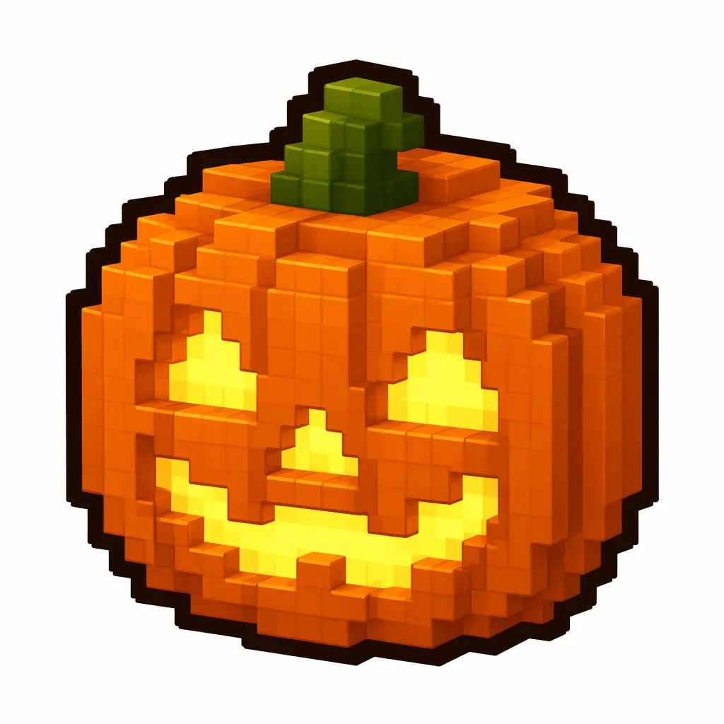 Pixel art illustration of a jack o lantern, an orange pumpkin with a glowing carved face